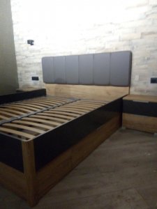 Рамона Кровать 1,6х2,0 (каркас) мягкая спинка с ящиками | Дуб Крафт - Мат Лава 2