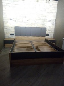 Рамона Кровать 1,6х2,0 (каркас) мягкая спинка с ящиками | Дуб Крафт - Мат Лава 1